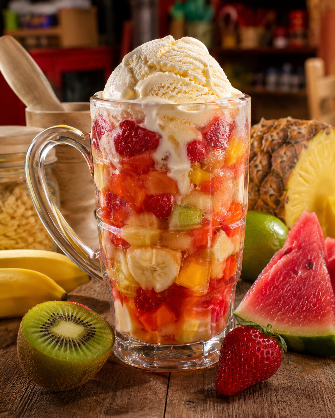 Salpicón con helado lleno de color y fruta